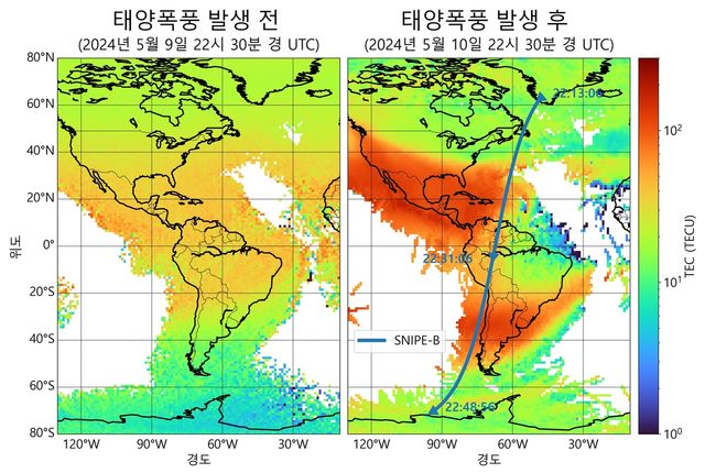 태양폭풍 발생 전과 후의 전리권 비교