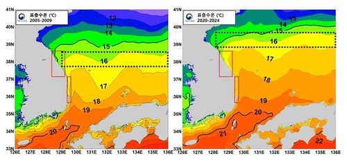 동해 등수온선의 변화 비교 (왼쪽 2005∼2009년과 오른쪽 2020∼2024년)