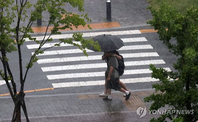 대전 서구 둔산동 보라매공원을 지나는 시민들이 우산을 쓰고 걸어가고 있다. [연합뉴스 자료사진]