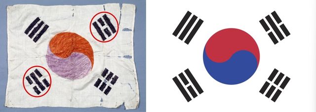 '남상락 자수 태극기'와 현재의 태극기 비교