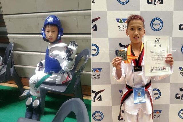 태권도 시작한 초교 1학년 때(왼쪽)와 4학년 때 첫 입상 모습