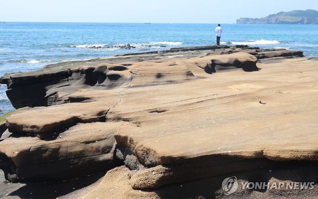 제주 사계해안 하모리층, 사진 오른쪽 뒤로 하모리층을 만든 송악산이 보인다.