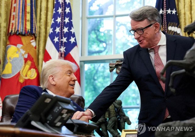 5월 백악관에서 악수하는 트럼프 대통령과 맨덜슨 대사 