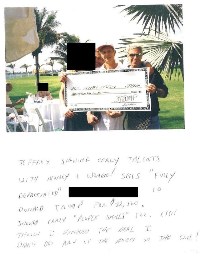 제프리 엡스타인의 '생일책'에 실린 기념수표 사진과 메모. 수표에는 엡스타인에게 2만2천500달러를 지불한다는 내용과 함께 'DJ 트럼프'라는 서명이 있고, 메모에는 엡스타인이 도널드 트럼프 대통령에게 여성을 '판매'했다는 내용이 적혀 있다. [미 하원 감독위원회 공개 자료. DB 및 재판매 금지]