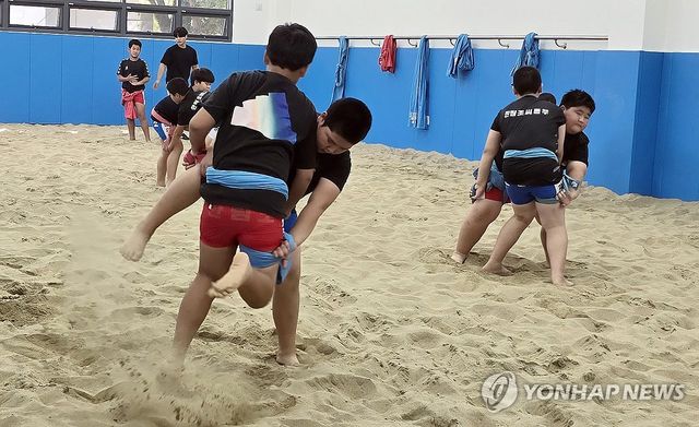 신축 실내 씨름장서 연습하는 학생들
