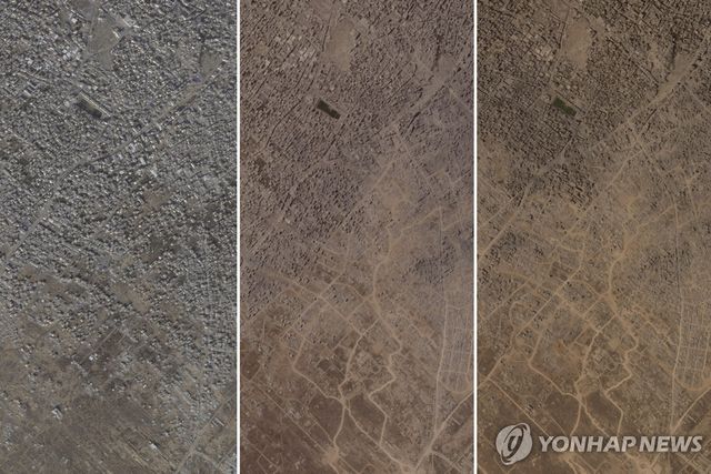 플래닛랩스가 촬영한 가자시티 외곽 자이툰·사브라 지역 위성사진. 왼쪽부터 올해 1월 1일, 8월 1일, 9월 2일 촬영분.[AP=연합뉴스. 재판매 및 DB 금지]