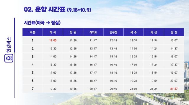 한강버스 운항 시간표