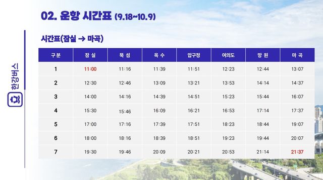 한강버스 운항 시간표