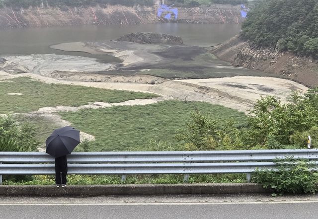 비가 내리는 오봉저수지를 바라보는 시민