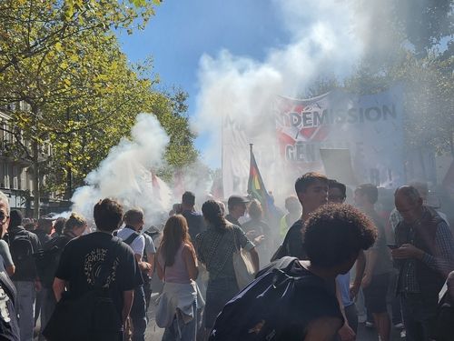 '마크롱 사임' 내걸고 행진하는 시민들