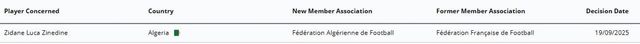 프랑스에서 알제리로 소속 국가협회가 바뀐 루카 지단.