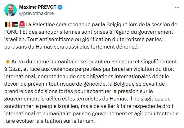 막심 프레보 벨기에 외무장관의 엑스(X) 게시물. [X 캡처. 재판매 및 DB 금지]