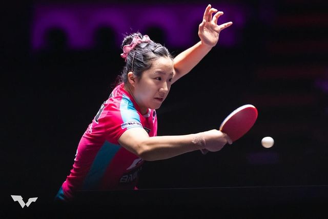 WTT 미국 스매시에 출전한 신유빈의 경기 장면