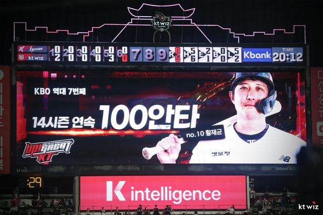 황재균의 14시즌 연속 100안타 알린 전광판