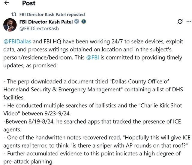 캐시 파텔 FBI 국장이 엑스에 올린 글 