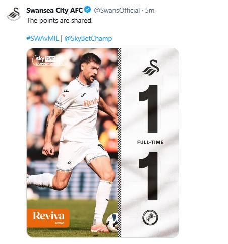 밀월과의 무승부 소식을 전한 스완지 시티.