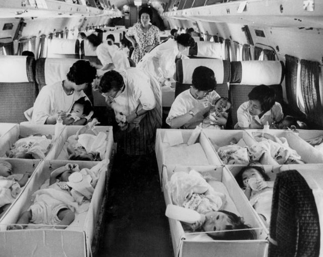 전세기에 태워진 채 미국으로 입양 가는 한국 아기들