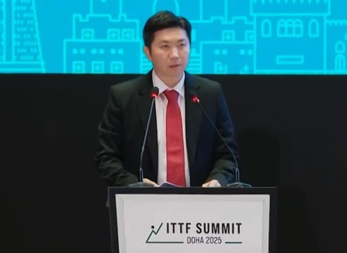 ITTF 총회서 부회장 후보로 정견 발표하는 유승민 대한체육회장 