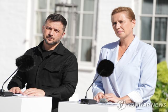 3일 덴마크 총리와 기자회견 하는 젤렌스키 대통령