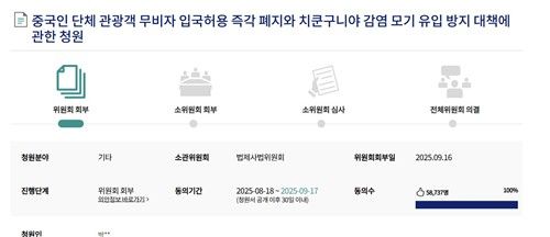 '중국인 단체 관광객 무비자 입국허용 즉각 폐지' 청원 