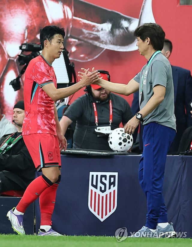 악수하는 홍명보 감독-손흥민