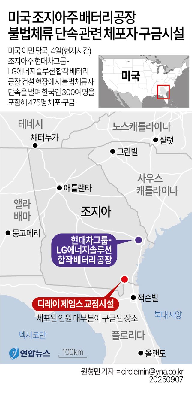 [그래픽] 미국 조지아주 배터리공장 불법체류 단속 관련 체포자 구금시설