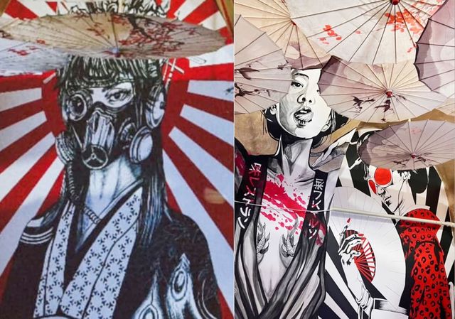 루마니아 한식당의 일본식 인테리어와 욱일기가 걸려 있는 모습