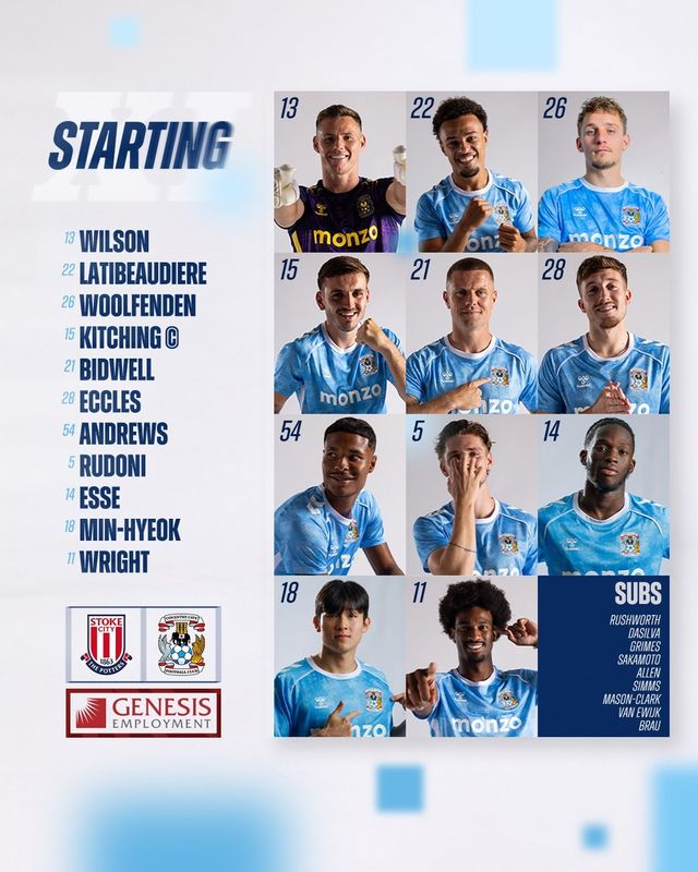 스토크와 FA컵 3라운드에서 코번트리의 선발 출전 선수 명단에 든 양민혁(18번).