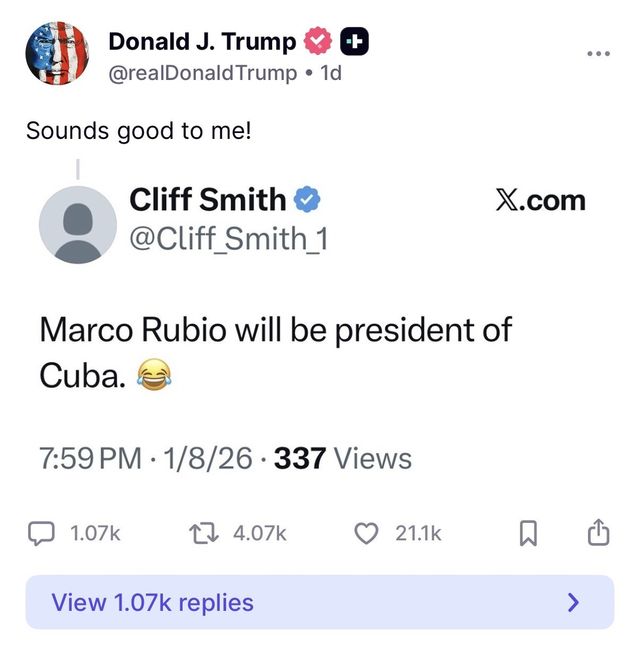 트럼프, '마코 루비오가 쿠바 대통령될 것' 게시글에 "좋아보여"