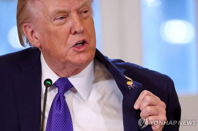 '행복한 트럼프'('Happy Trump') 핀 내보이는 도널드 트럼프 미 대통령