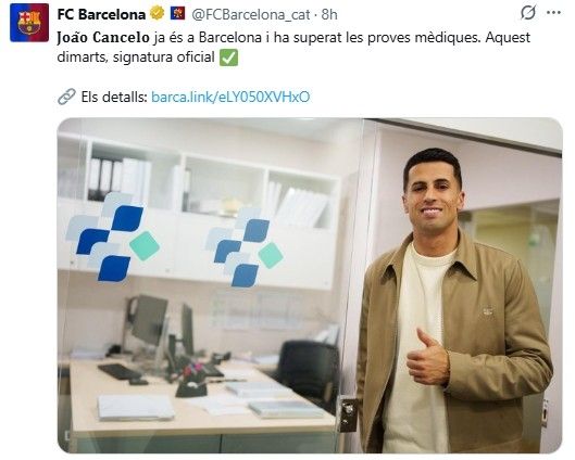 주앙 칸셀루의 입단 예정 소식을 전한 바르셀로나 구단.