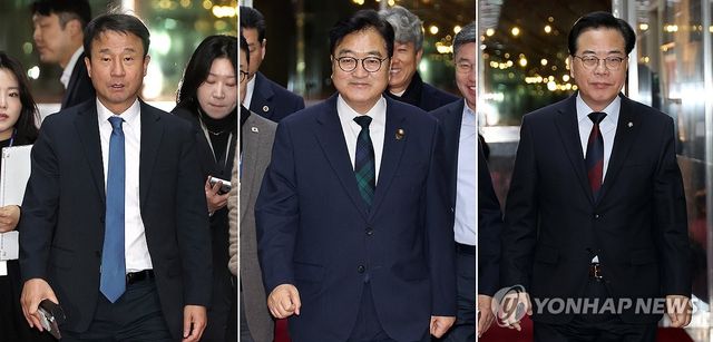 입장하는 우원식 국회의장과 여야 원내대표