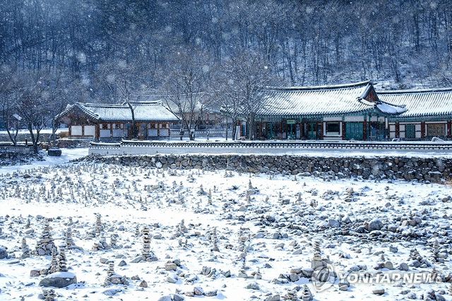 눈보라 견디는 백담계곡 돌탑들