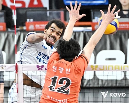 공격하는 삼성화재의 미힐 아히(왼쪽)