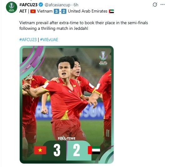 베트남의 준결승 진출 소식을 전한 AFC.