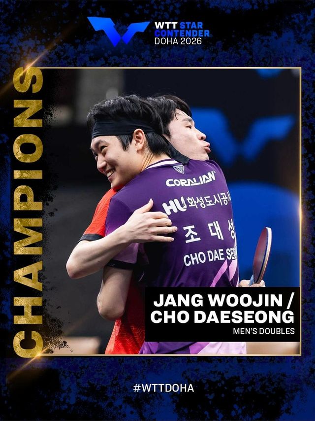 WTT 스타 컨텐더 도하 남자복식 우승을 합작한 조대성(앞)과 장우진