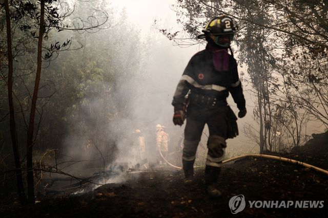 19일(현지시간) 산불 진화하는 칠레 소방대원