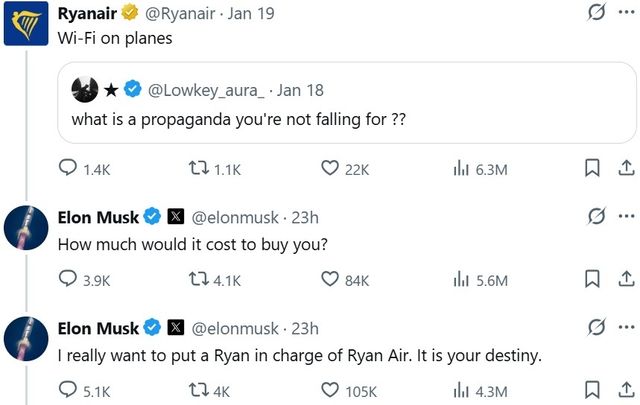 라이언에어 엑스 게시물에 대한 일론 머스크의 답글