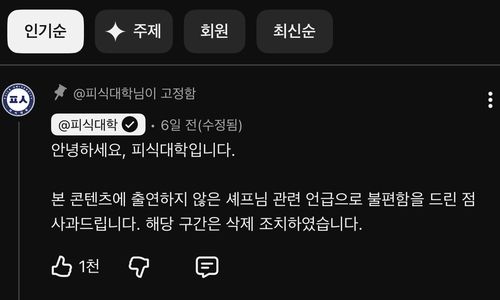 지난 13일 유튜브 영상 댓글로 사과한 피식대학