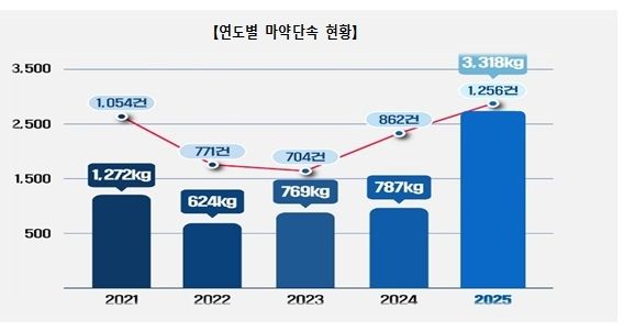 작년 국경서 마약 3.3t 적발, 역대 최대…여행자·대형밀수 급증 - 2