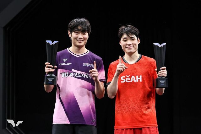 WTT 스타 컨텐더 도하 남자복식 우승을 합작한 장우진(오른쪽)과 조대성