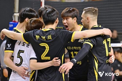득점 후 기뻐하는 KB손해보험 선수들