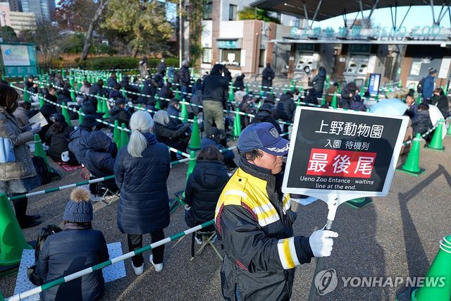 일본 도쿄 우에노동물원에서 줄 서있는 자이언트판다 관람객들