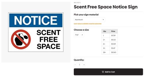 실제로 외국의 한 웹사이트에서 판매되고 있는 '향기 제한 구역 안내 사인'
