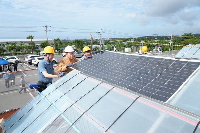 지난해 7월 농업기술원 감귤 RE100 생산 실증사업 현장서 필름형 태양광 모듈 설치에 참여하는 오영훈 제주지사 [제주도 제공. 재판매 및 DB 금지]