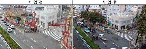 지주시설물이 난립했던 부산역 앞(왼쪽)과 도시 비우기 사업 이후 모습