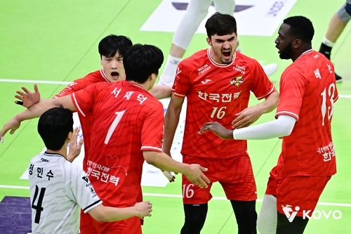 득점 후 기뻐하는 한국전력 선수들