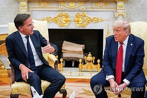마르크 뤼터 나토 사무총장과 회담하는 도널드 트럼프 미국 대통령(오른쪽)
