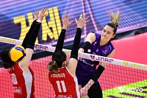 스파이크하는 흥국생명의 레베카(오른쪽)