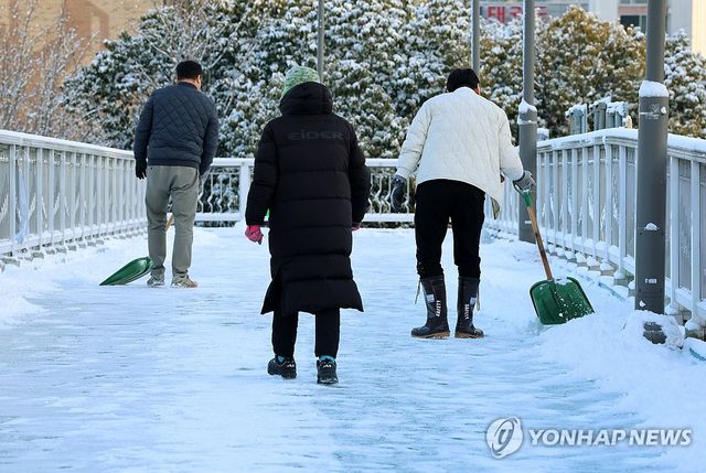 미끄러운 육교 제설작업